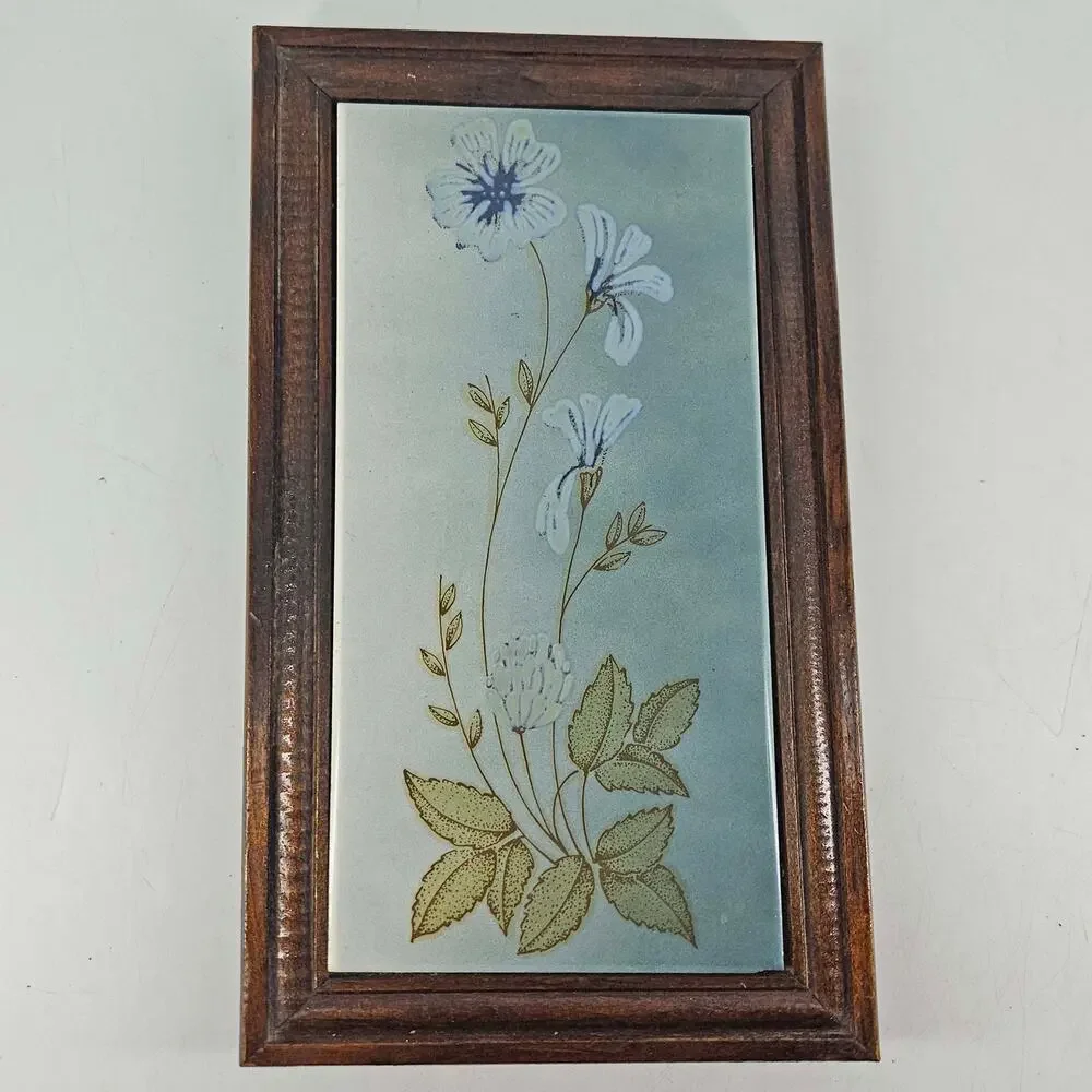 Vintage wood framed art tile FLOWERS Valverde Castelnuovo Made in Italy
